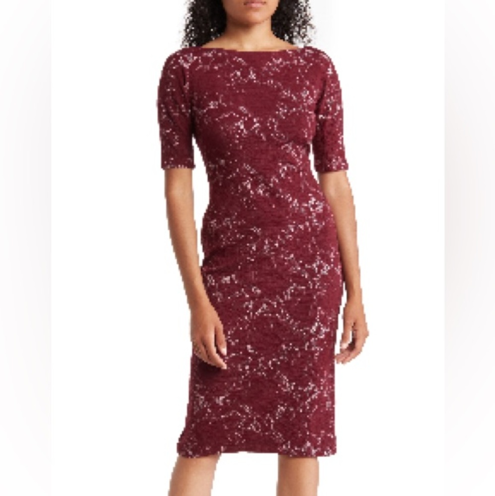 Maggy London Red and White Bodycon Midi Dress with Cuffed 3/4 Sleeves
